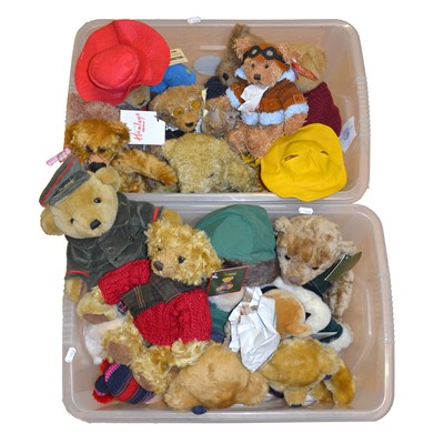 Lot 118 - Two boxes of mixed teddy bears, including Harrods and Hamleys, mostly with tags.