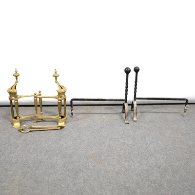 Lot 498 - Brass ball and rail fender; and andirons; and two fire dogs.