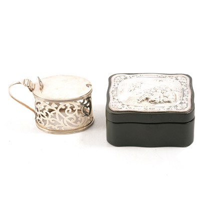 Lot 437 - Silver mustard pot and a silver mounted jewellery box