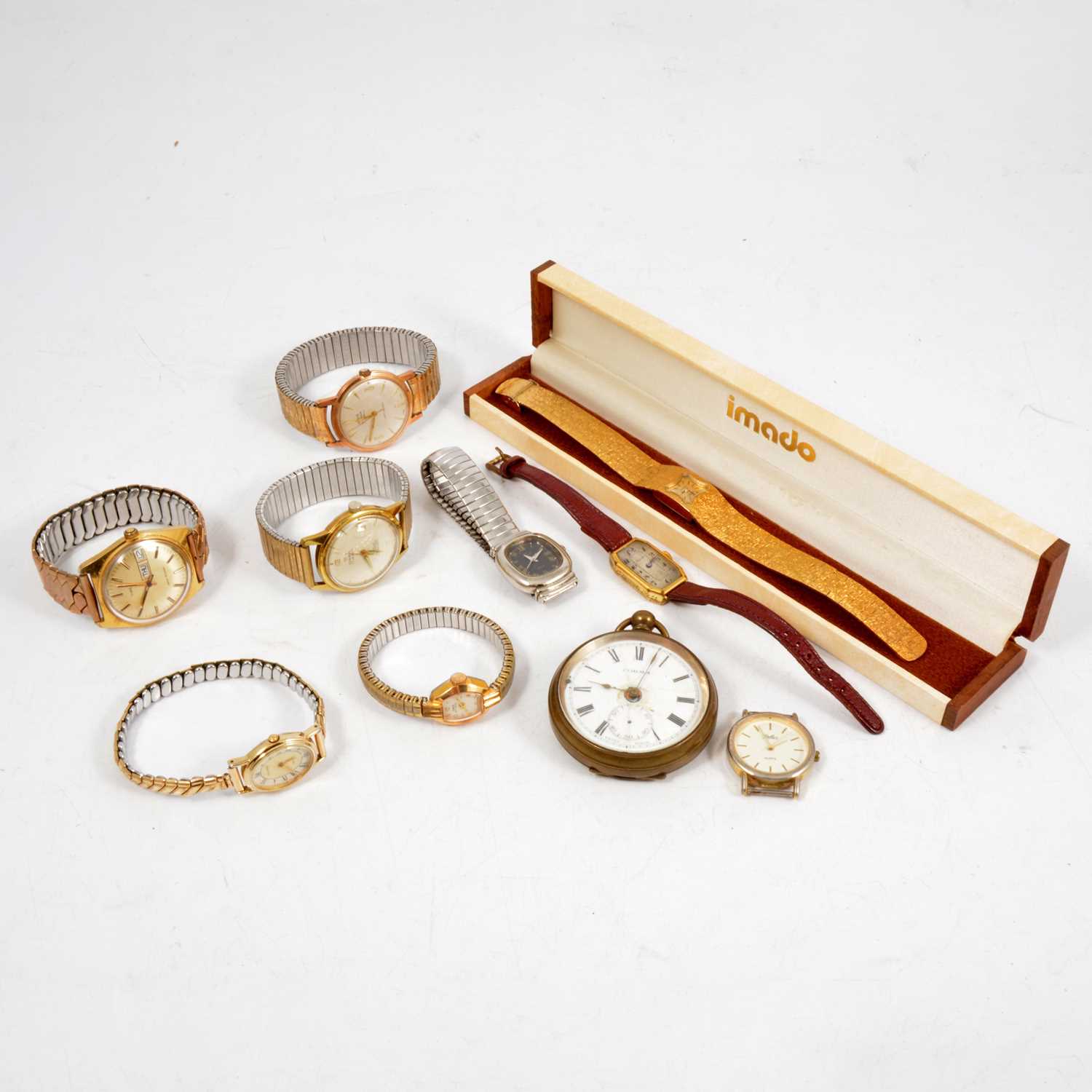 Lot 255 - Metal pocket watch, various gents and ladies wristwatches.