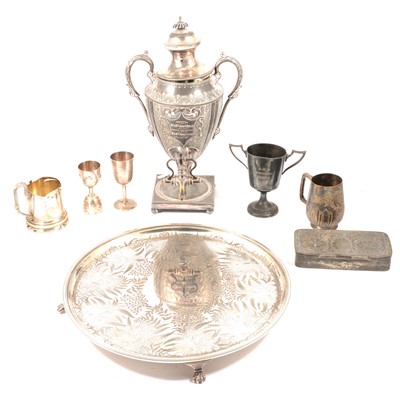 Lot 201 - A silver-plated salver, presentation tea urn, tankard.