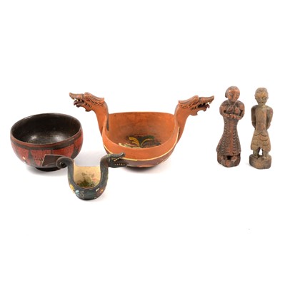 Lot 93 - Two carved and painted dragon bowls, two figures, and another bowl