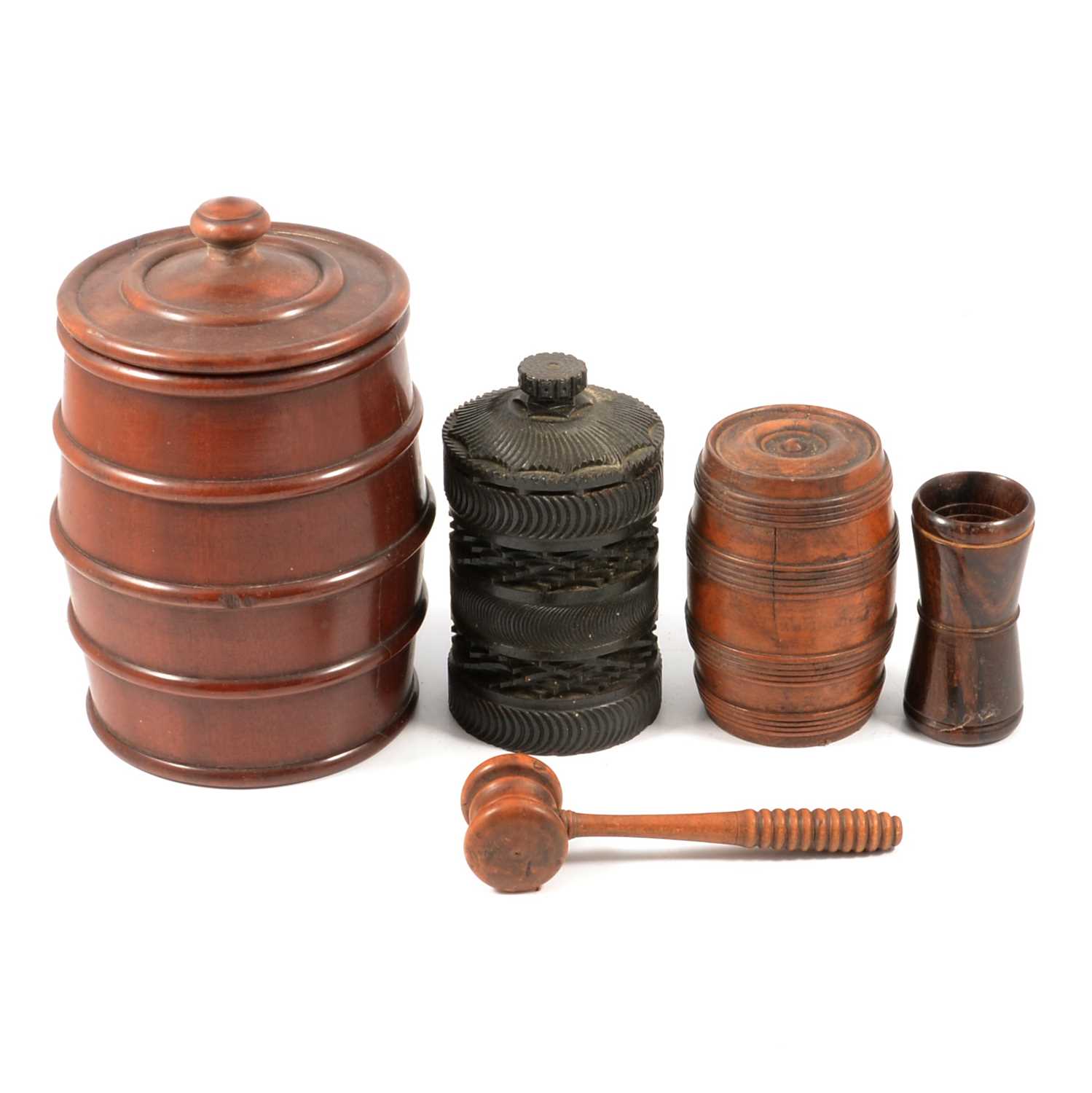 Lot 188 - Collection of treen barrels, boxes, dice