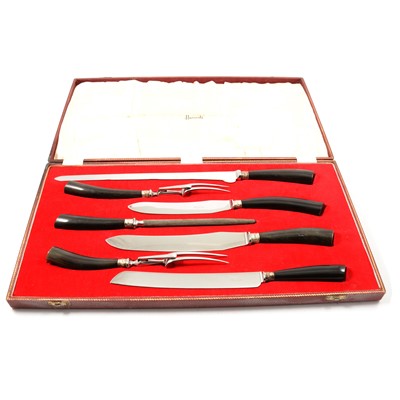 Lot 202 - Seven-piece carving set with horn handles, retailed by Harrods