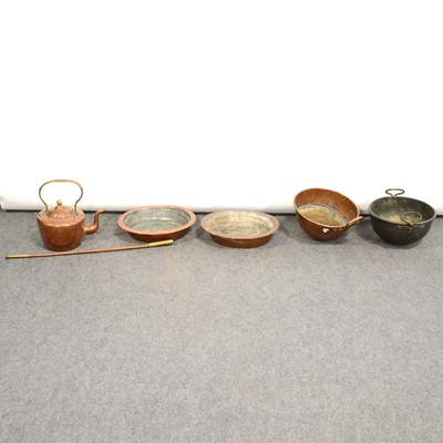 Lot 381 - Quantity of copper jam pans, cooking pots, kettle, etc