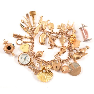 Lot 193 - A 9 carat yellow gold charm bracelet with charms.