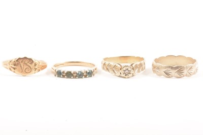 Lot 115 - Four 9 carat yellow gold rings.