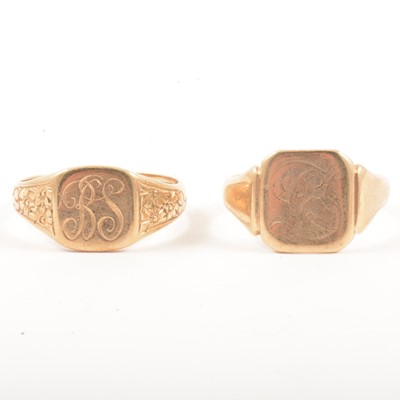 Lot 100 - Two 9 carat yellow gold signet rings.