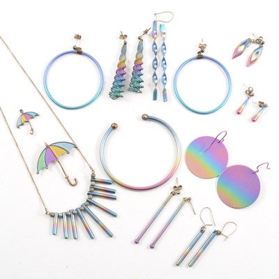 Lot 294 - A collection of vintage colourful titanium jewellery with an iridescent finish.