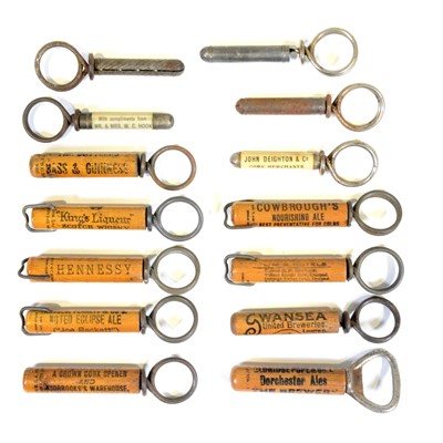 Lot 358 - Nine Clough style advertising corkscrews in wooden sheaths and five others