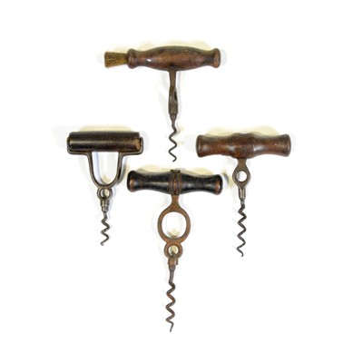 Lot 33 - Wolverson type lever corkscrew with roller handle, and three other lever corkscrews