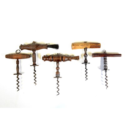 Lot 35 - Five simple direct pull corkscrews with buttons