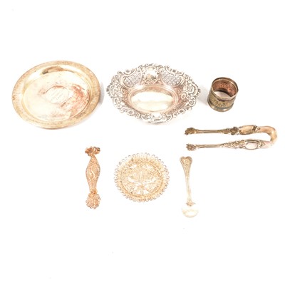 Lot 273 - White metal salver, sugar tongs, bonbon dish, filigree items, badges, coins and other items.