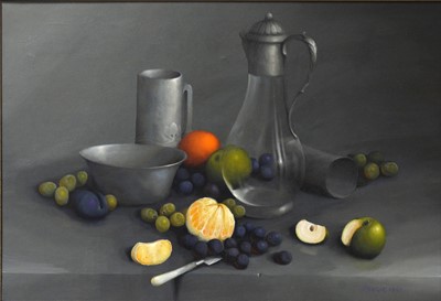 Lot 308 - G L Reekie, Still life of fruit and pewter tableware.