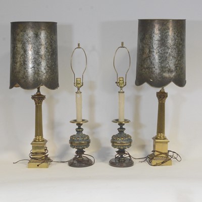 Lot 398 - Pair of reproduction brass Corinthian column table lamps; and another pair of brass table lamps