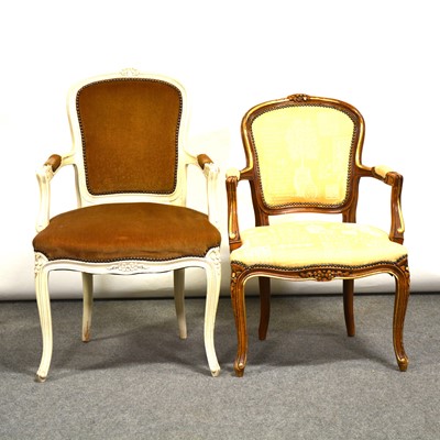 Lot 748 - Reproduction stained beechwood and parcel gilt fauteuil armchair; and a cream painted armchair.