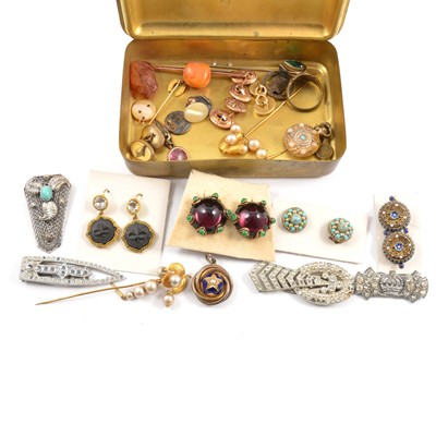 Lot 432 - A Princess Mary  tin with costume jewellery earrings, studs etc.