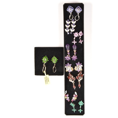 Lot 172 - Nine pairs of modern gemset earrings of floral and foliage design.