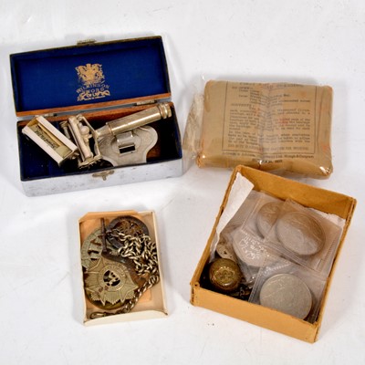 Lot 166 - Medals - WW1 pair, military cap badges, field dressing, silk embroidered postcards and other items.