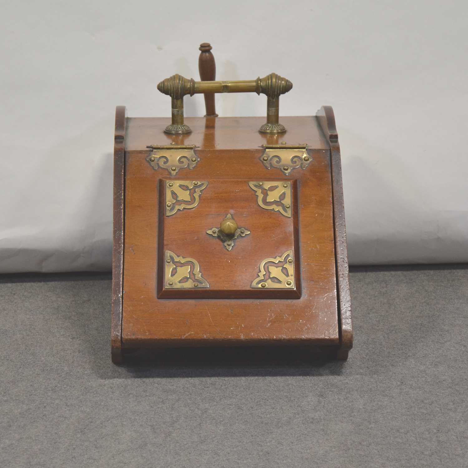 Lot 430 - Victorian walnut and brass slope front coal box