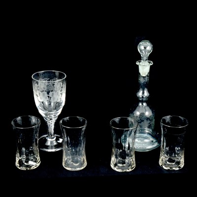 Lot 34 - Glass goblet, similar etched glass decanter, and four glass beakers