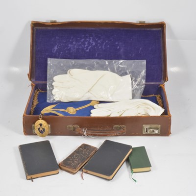 Lot 133 - Leicestershire and Rutland Masonic regalia, books, 1677 Almanack, and leather briefcase.