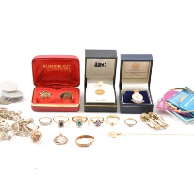 Lot 456 - A collection of jewellery, rings, bangle, pendant, commemorative crowns etc.