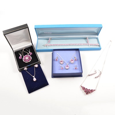 Lot 260 - Six gemset necklace and earrings suites, a bracelet and earrings suite, and two pairs of earrings.