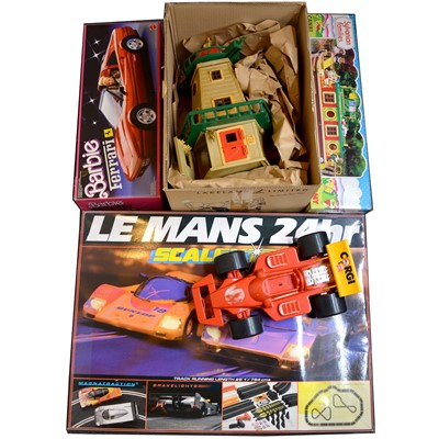 Lot 193 - Scalextric slot car racing set - Le Mans; Barbie Ferrari etc