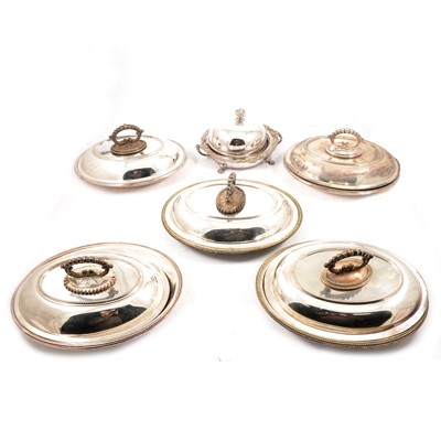 Lot 281 - Silver plated muffineer and five entree dishes.