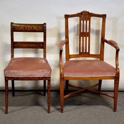 Lot 694 - Dutch fruitwood elbow chair and a marquetry side chair