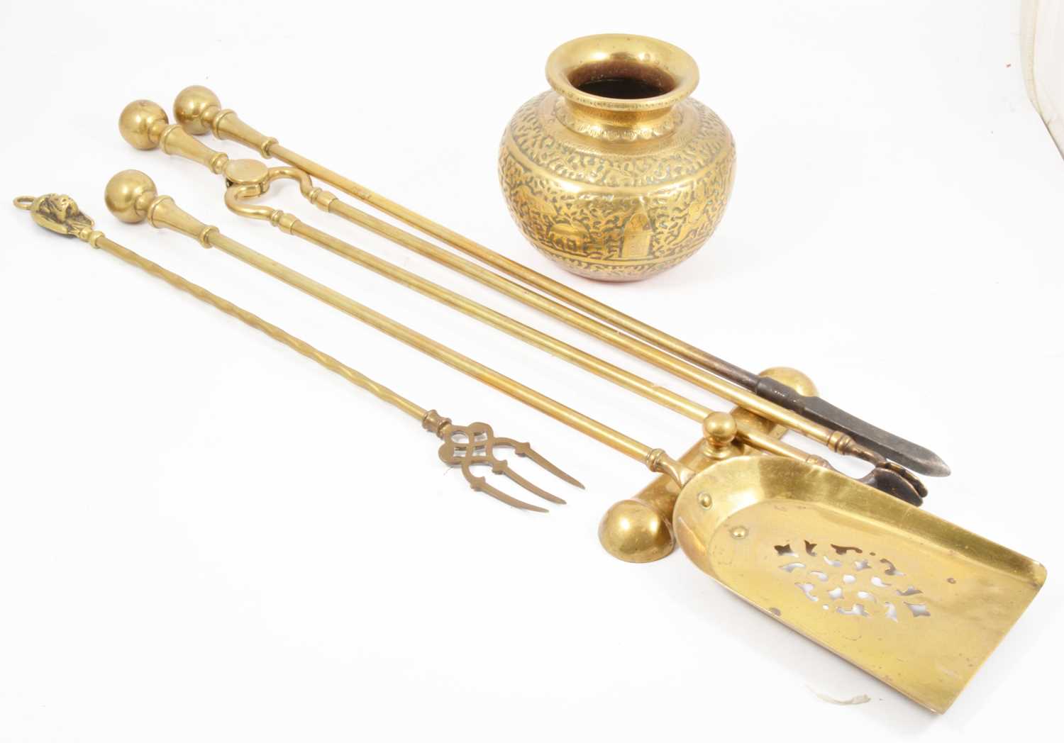 Lot 506 Set of brass fire irons; copper coal scuttle,