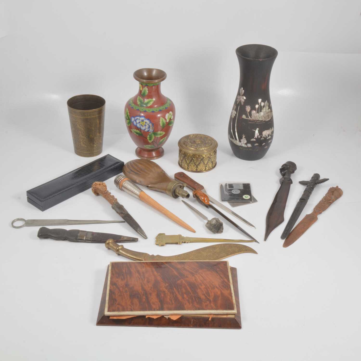 Lot 130 - Collection of letter knives, Persian brass beaker, etc