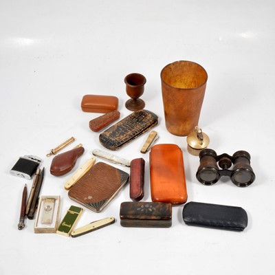 Lot 265 - Horn beaker, silver-mounted leather purse, pipes, lighters, etc