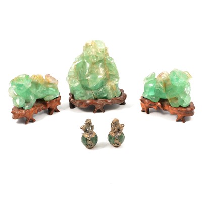 Lot 82A - Pair of Chinese green onyx models of Temple dogs, a similar Buddha