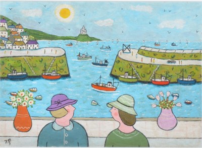 Lot 349 - Joan Gillchrest, Ladies looking out over a harbour, (Mousehole)