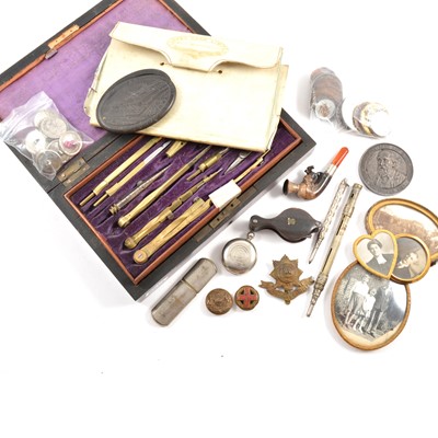 Lot 462 - A framed crucifix, drawing set, frames, old Lloyds bank cash book and cheque, pocket mirror, loupe.