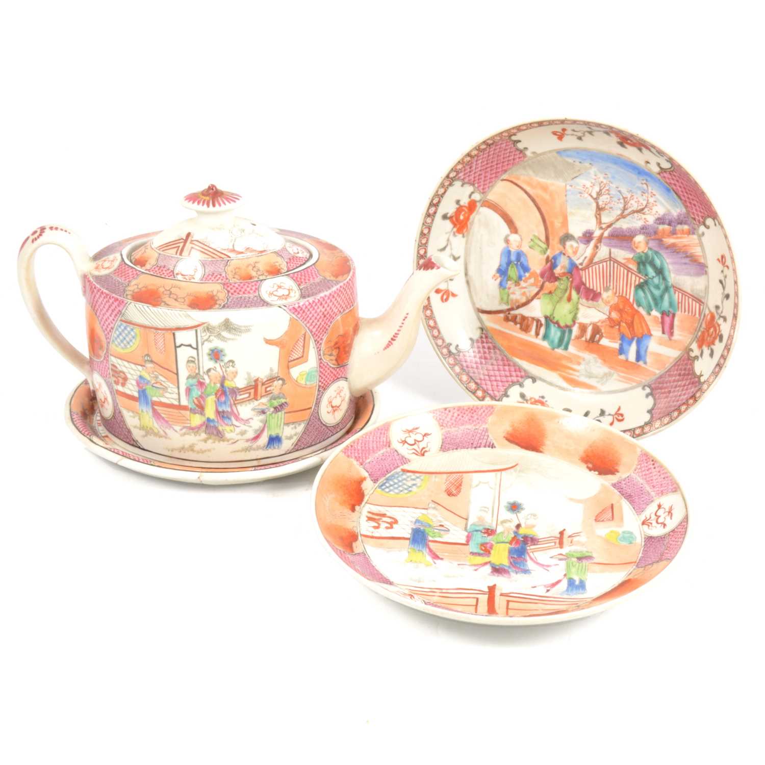 Lot 63 - Newhall style teapot on stand and two similarly decorated plates/ dishes