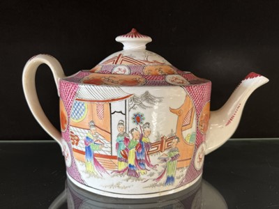 Lot 63 - Newhall style teapot on stand and two similarly decorated plates/ dishes