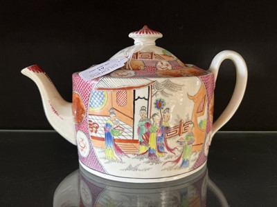 Lot 63 - Newhall style teapot on stand and two similarly decorated plates/ dishes