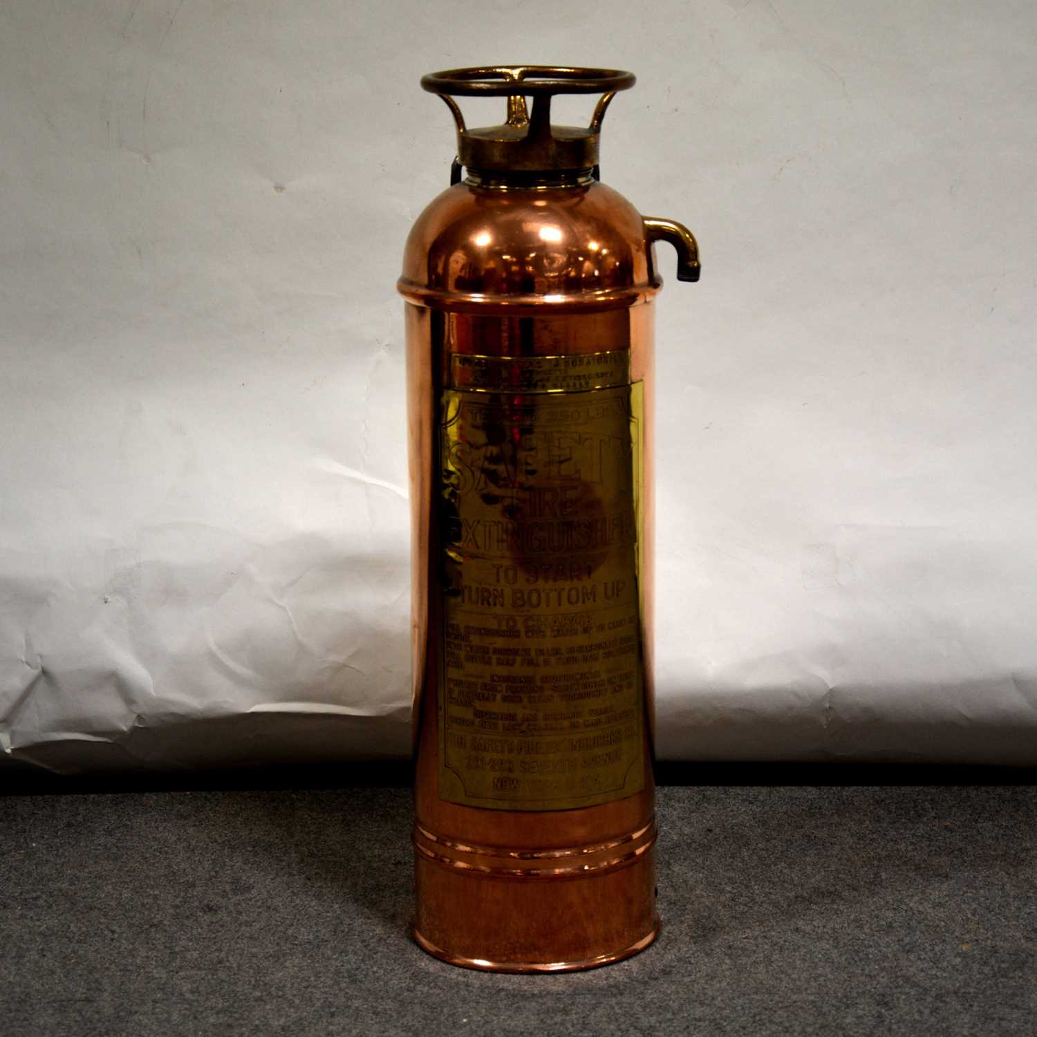 Lot 168 - 2.5 Gallon Brass and copper fire extinguisher by The Safety Fire Extinguisher Company, NY USA