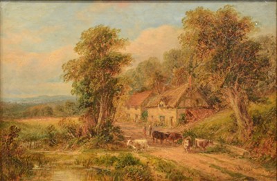 Lot 485 - English School, 19th century, County lane with cattle and cottages