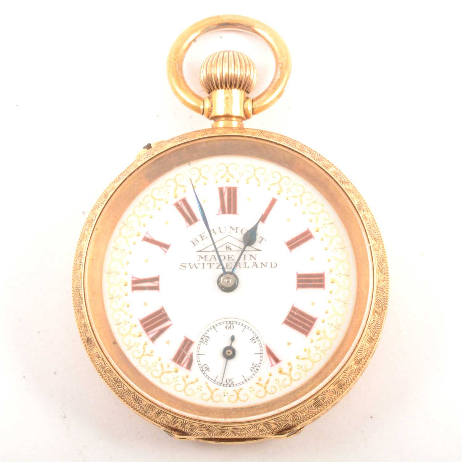 Lot 310 - Beaumont - A yellow metal open face fob watch.