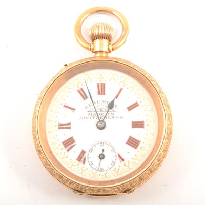 Lot 310 - Beaumont - A yellow metal open face fob watch.