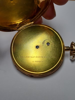 Lot 313 - A French quarter hour repeating open face pocket watch.