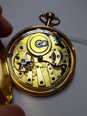 Lot 313 - A French quarter hour repeating open face pocket watch.