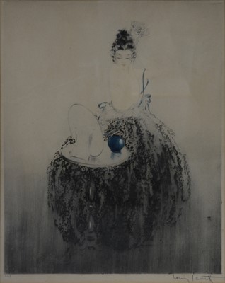 Lot 332 - Louis Icart, lady with toilet mirror and blue vase