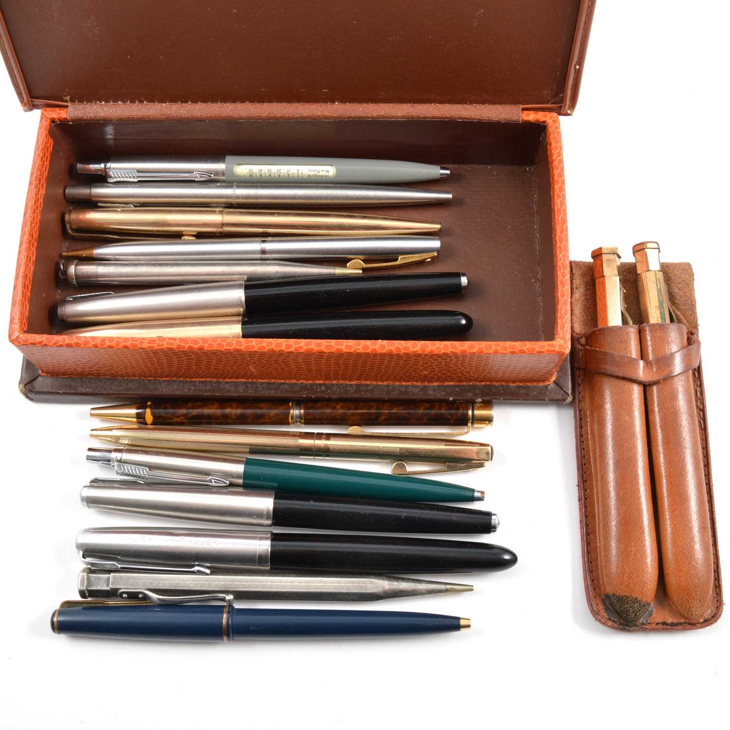 Lot 430 - A collection of Parker pens, silver pencil etc