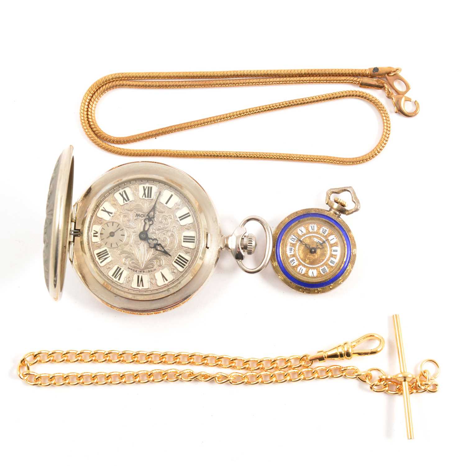 Lot 148 - An Italian gilt metal and enamel fob watch, modern pocket watch and two modern watch chains.