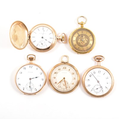 Lot 323 - A yellow metal full hunter pocket watch and four gold-plated and gold-filled pocket watches.